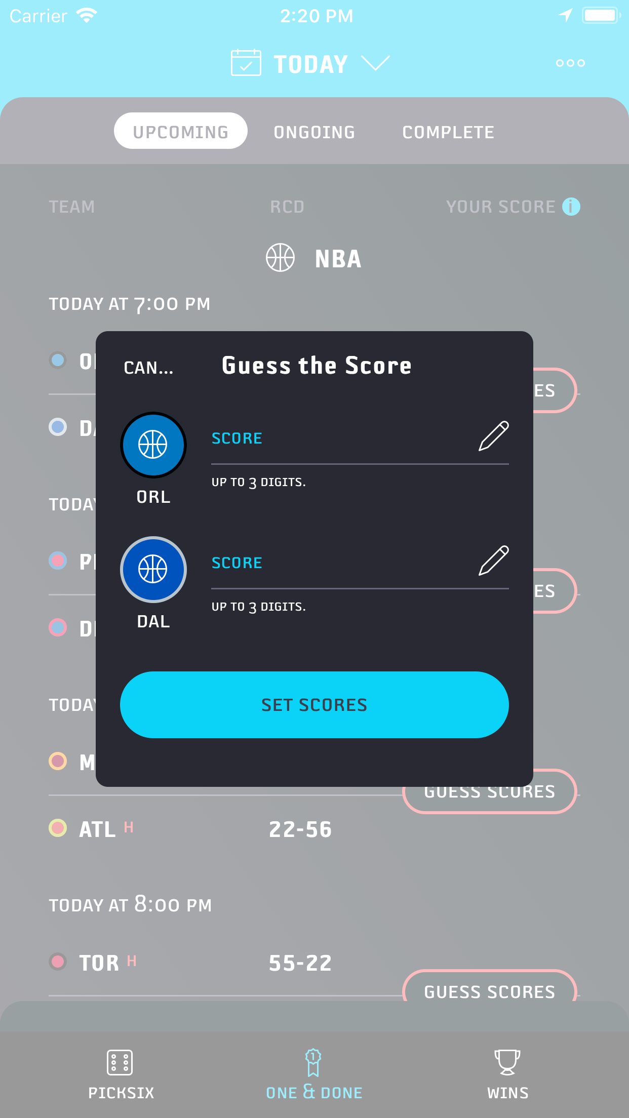 One & Done choose scores screenshot